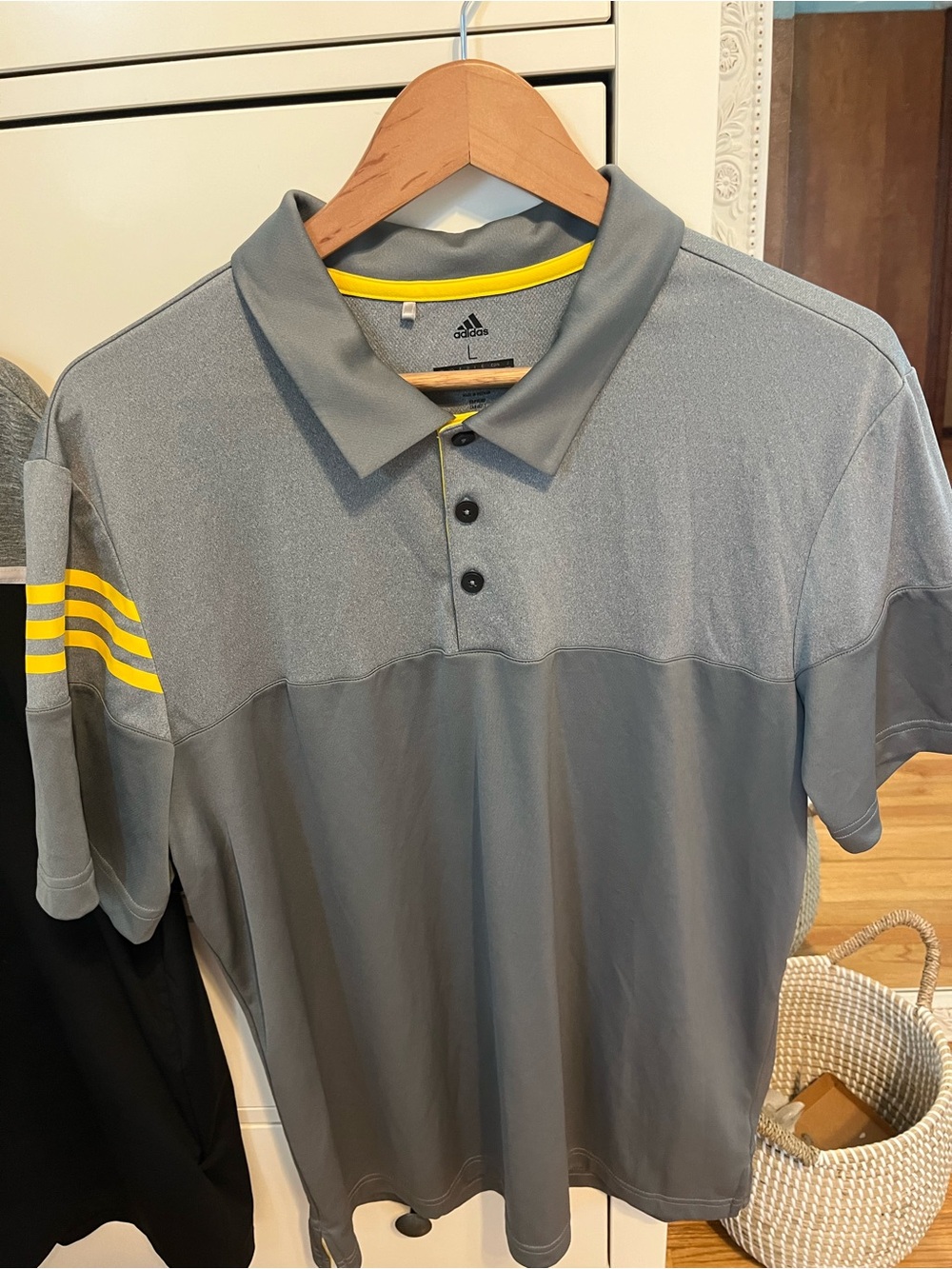 adidas Men's Gray Polo with Yellow Stripe Accents